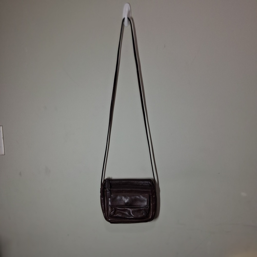 Vtg Fossil‎ Dark Brown Leather Crossbody Bag Small Messenger Purse Zippers